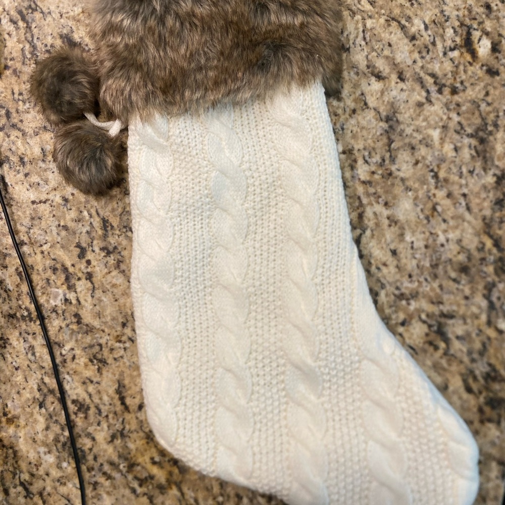 Christmas Joann Fabric Holiday Stocking in White Cable Knit Pattern & Faux Fur